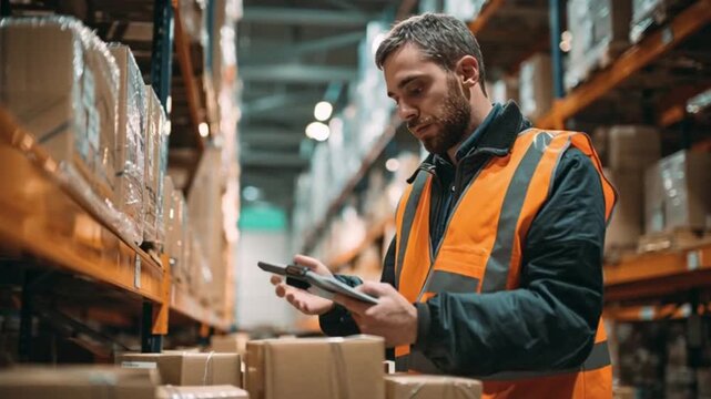 Male warehouse worker scanning barcodes on boxes in a warehouse. Male warehouse worker working with barcode scanner.