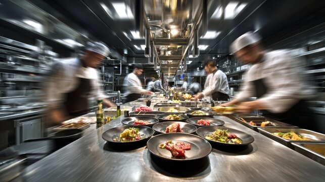 Busy chefs prepare meals in a modern commercial kitchen during a fast-paced dinner service
