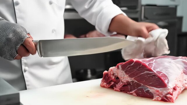 Professional butcher wearing safety chainmail glove sharpening knife on whetstone and wiping raw meat in commercial kitchen
