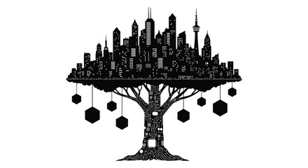 A striking black silhouette of a tree formed by a cityscape with hanging shapes on transparent background high quality professional detailed © rabbivay