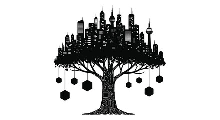 A striking cityscape is creatively formed within the branches of a tree presented as a silhouette on transparent background high quality © rabbivay
