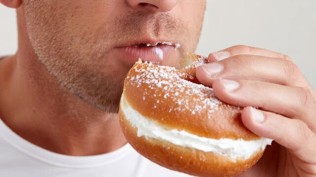 Close-up of a hungry man eating a delicious cream filled doughnut with white powdered sugar on top.
