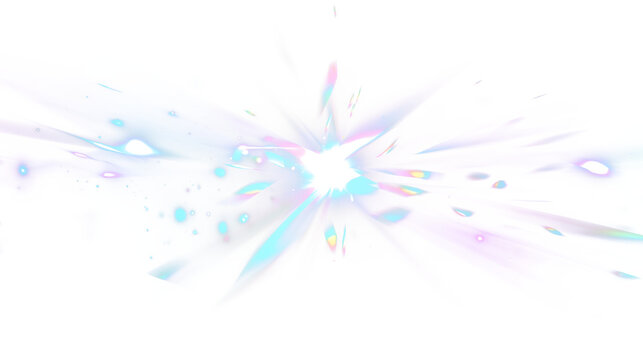 Holographic Prism Light Burst Explosion Isolated on Transparent Background PNG. bstract holographic prism light burst with bright center flare, iridescent rainbow glow and crystal energy rays.