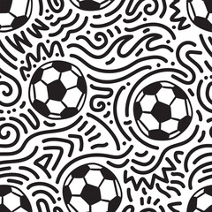 Seamless black and white soccer ball pattern with abstract doodle accents, hand drawn monochrome sports repeat ideal for branding, textile print and football merchandise. © Doodlerz