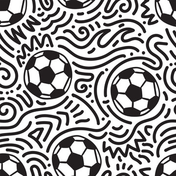 Seamless black and white soccer ball pattern with abstract doodle accents, hand drawn monochrome sports repeat ideal for branding, textile print and football merchandise.