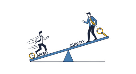 Fototapeta premium Businessman balancing speed and quality on a seesaw with another man running, vector illustration.