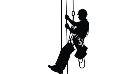 A black silhouette of a worker rappelling down a rope wearing safety gear on transparent background high quality professional detailed modern © rabbivay
