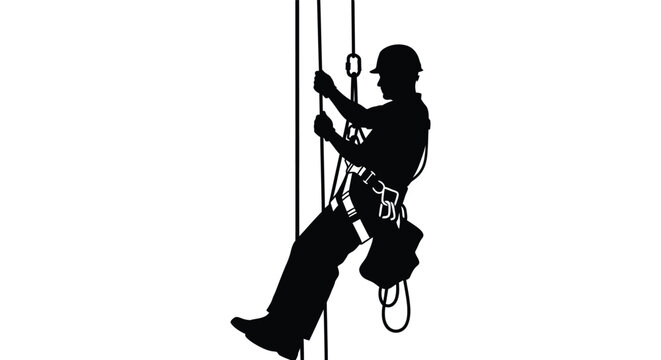 A black silhouette of a worker rappelling down a rope wearing safety gear on transparent background high quality professional detailed modern