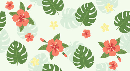 Seamless Tropical Pattern with Hibiscus Flowers and Monstera Leaves © Ar Stocks