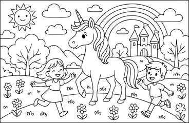 Obraz premium Unicorn Wonderland hand drawn vector illustration doodle art line art coloring page for kids
