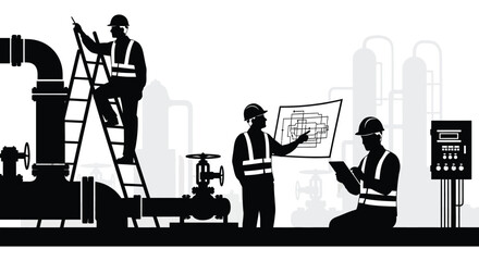 Industrial workers performing tasks on a pipeline and reviewing plans depicted in a striking silhouette on transparent background high quality professional