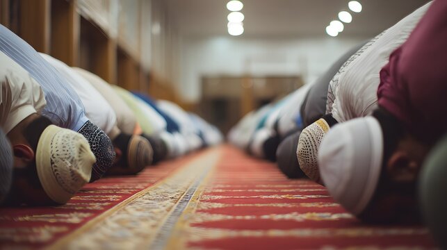 Muslims praying in a mosque heads bowed in prostration on a red carpet islamic worship and spirituality concept
