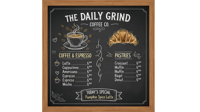 chalkboard cafe menu with coffee and pastries vector illustration