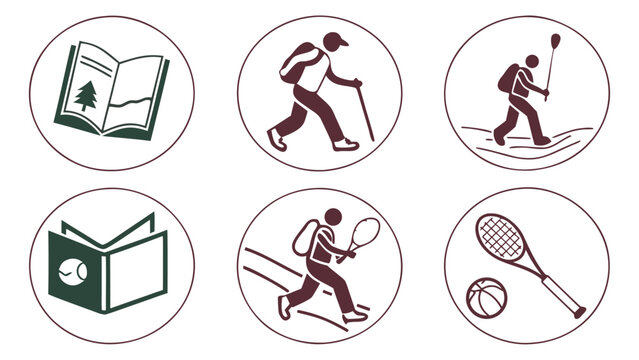 A collection of circular icons depicting various outdoor and sports activities including hiking and tennis