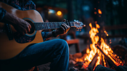 Fototapeta premium Ai Playing guitar by the campfire at night with warm flames and shadows in the background