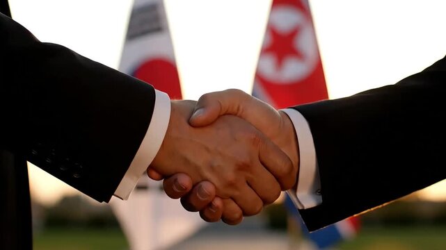symbolic handshake against the flags of south and north korea highlighting the importance of peaceful dialogue and diplomatic efforts for unification and stability