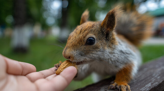 Ai Squirrel reaching for a nut from a person&rsquo;s hand in a park during daylight hours closeup