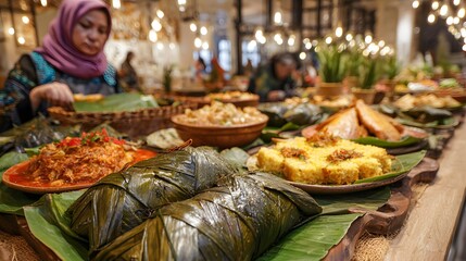 Fototapeta premium Woman serving traditional food wrapped in banana leaves on a wooden table with plates of rice and meat in a restaurant with warm lighting