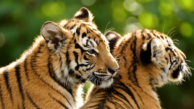 Cinematic close up of two young tigers grooming each other, wildlife behavior in a sunny forest habitat
