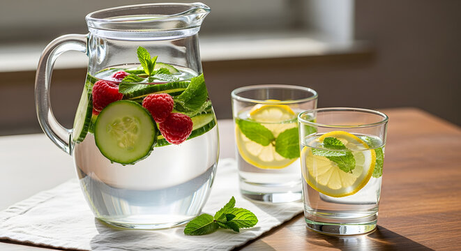 A pitcher and glasses of infused water with fruits and herbs on a wooden table