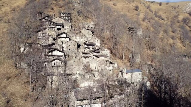Narbona, Italy - Ruin of an old abandoned village in Piedmont, old town aerial panorama, travel, trekking, tourism, emotional, cinematic
