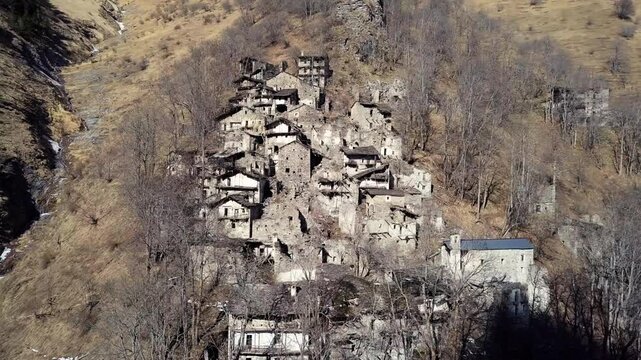 Narbona, Italy - Ruin of an old abandoned village in Piedmont, old town aerial panorama, travel, trekking, tourism, emotional, cinematic
