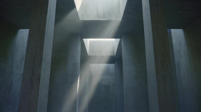 Drone slowly ascending through a series of tall architectural light wells, each framed by concrete beams.
