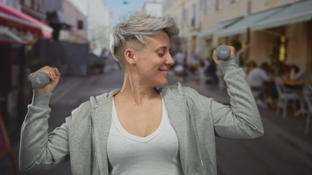 Woman lifting dumbbell overhead with raised arms on terrace showing active exercise; fitness confidence.