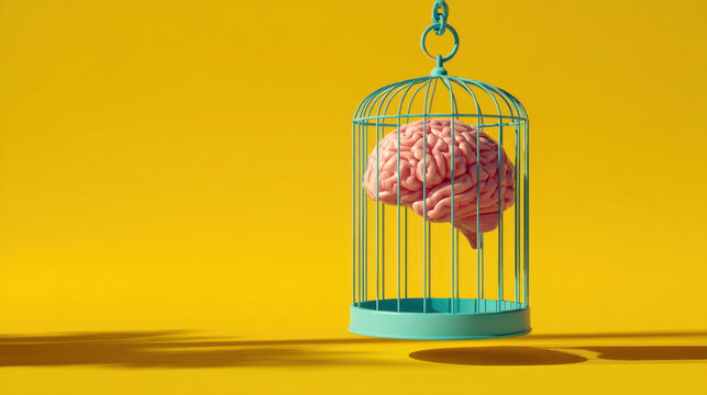 Human brain locked in a birdcage on yellow background.