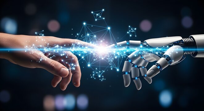 A conceptual photograph showing a human hand reaching out to touch fingertips with a futuristic robotic hand