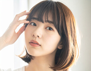 Fototapeta premium 鏡を見て髪を整える若い女性/Young woman looking in the mirror and fixing her hair