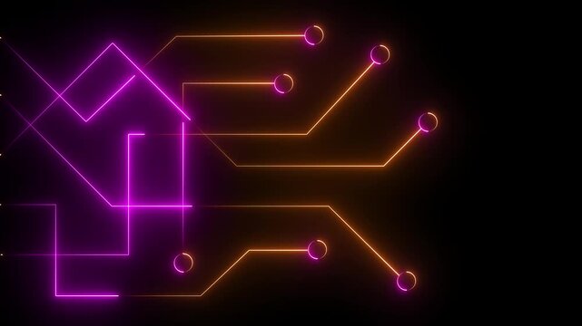 Neon glowing futuristic circuit line animation on black background .Digital data moving on circuit board and CPU background. 