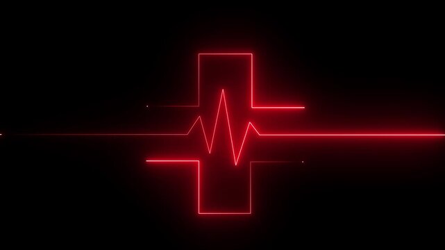 Abstract glowing neon heartbeat signal icon animation medical concept. Red line on black background, symbolizing dedication in medical care and commitment to patient health