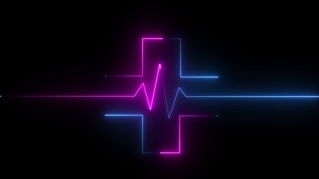 Abstract glowing neon heartbeat signal icon animation medical concept. blue and pink line on black background, symbolizing dedication in medical care and commitment to patient health