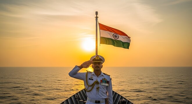 An Indian naval officer salutes proudly on a boat at sunset