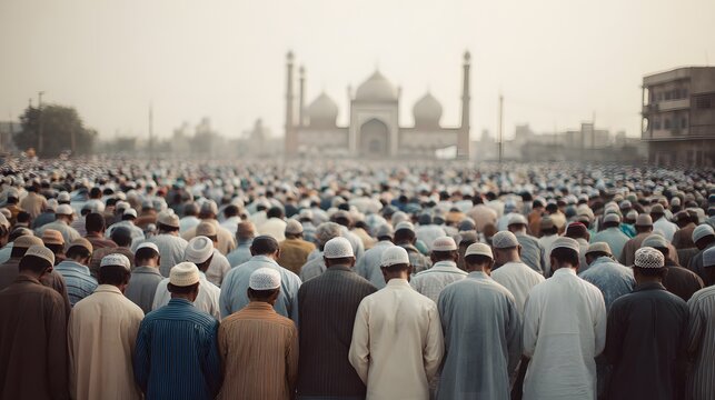 Large crowd of men in traditional attire facing mosque during prayer islamic architecture background