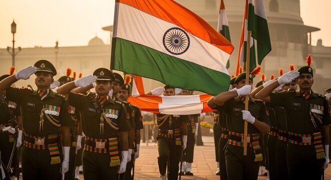 Indian military personnel saluting and holding the national flag during a ceremony