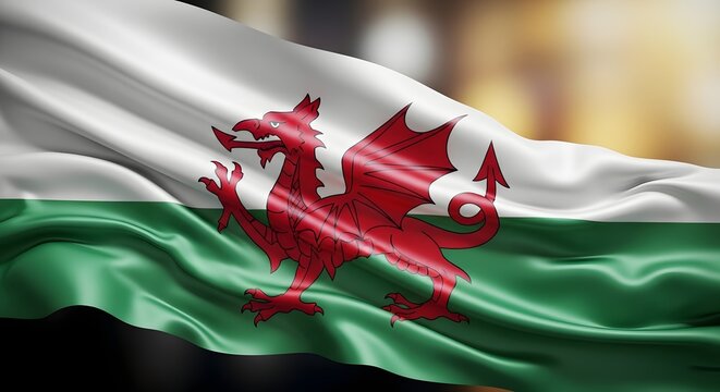 The flag of Wales waving in the wind with a red dragon emblem