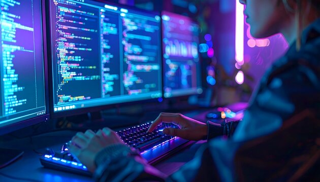 Over-the-shoulder view of a person typing on a backlit mechanical keyboard in a dark room, multiple monitors in front displaying futuristic code