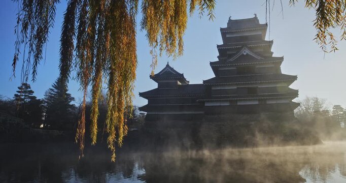 Gental autumn branches of weeping tree near silhouetted 16th century castle and misty pond - morning