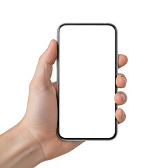 A hand holding a blank smartphone against a white background isolated on transparent background