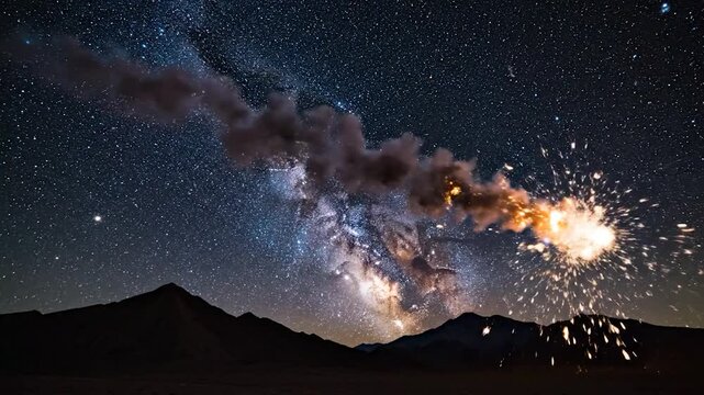 A sequence showing a green meteor exploding in the night sky.