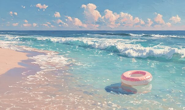 Pastel inflatable swim ring floating on turquoise ocean near sandy beach with soft dreamy coastal atmosphere