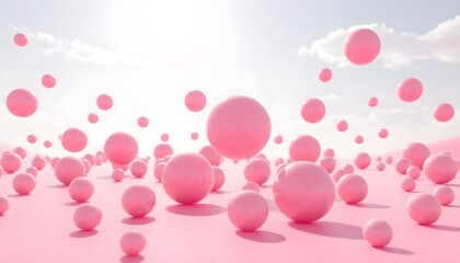 Pink spheres float gently in airy landscape with sunny sky and clouds