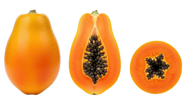 Three ripe orange papayas, one whole, one halved lengthwise revealing black seeds, and one sliced crosswise, isolated. isolated PNG with Transparent Background