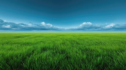 Obraz premium Vast Green Grass Landscape Under Clear Blue Sky with Fluffy Clouds, Perfect for Nature or Outdoor Themes in Photography or Design Projects