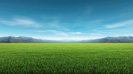 Naklejka premium Lush Green Grass Field Under Bright Blue Sky with Soft Clouds and Distant Mountains on the Horizon Creating a Serene Landscape for Nature Lovers