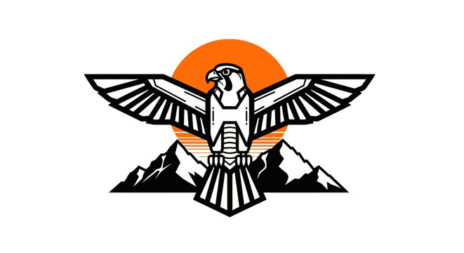 Stylized bird of prey with mountain and sunset design element