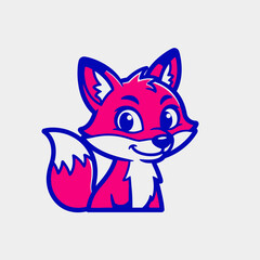 Obraz premium Cute cartoon pink fox with blue outline, smiling, vector illustration