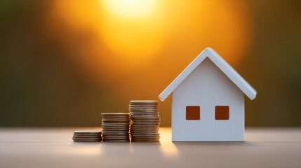 White miniature house model next to stacks of coins against a glowing sunset background, representing home investment and financial growth concept